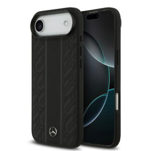Mercedes-Benz iPhone 17 Air hoesje - Genuine Leather - Magsafe - Laurel Leaves and Stripes - Zwart - productfoto