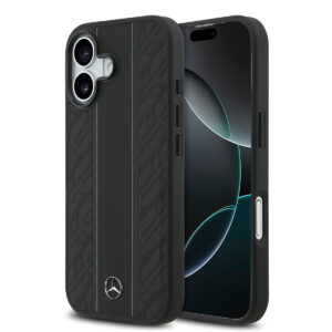 Mercedes-Benz iPhone 17 hoesje - Genuine Leather - Magsafe - Laurel Leaves and Stripes - Zwart - productfoto