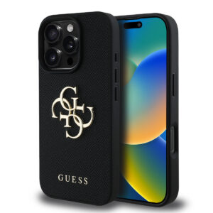 GUESS iPhone 16 Pro hoesje - Grained - Big 4G Logo - Zwart - productfoto