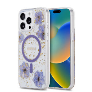 GUESS iPhone 15 Pro Max hoesje - MagSafe - Resin Flowers Design - Paars - productfoto