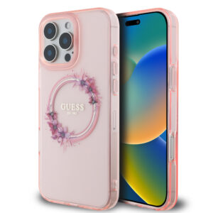 GUESS iPhone 16 Pro hoesje Magsafe IML flowers wreath - Roze - productfoto