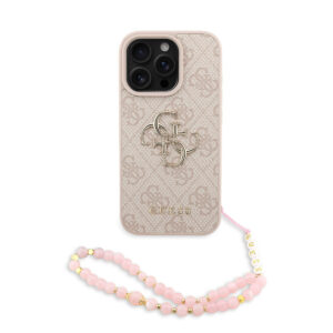 GUESS iPhone 16 Pro hoesje - MagSafe - 4G Classic Logo With Strap - Roze - productfoto