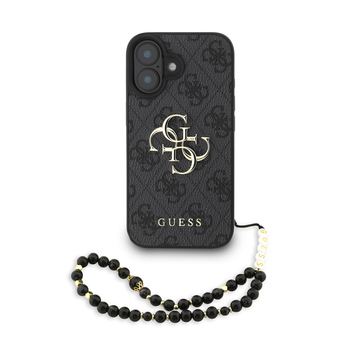 GUESS iPhone 16 hoesje - MagSafe - 4G Classic Logo With Strap - Zwart - productfoto