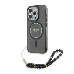 GUESS iPhone 15 Pro Max hoesje - MagSafe - IML Glitter With Pearl Strap - Zwart - productfoto