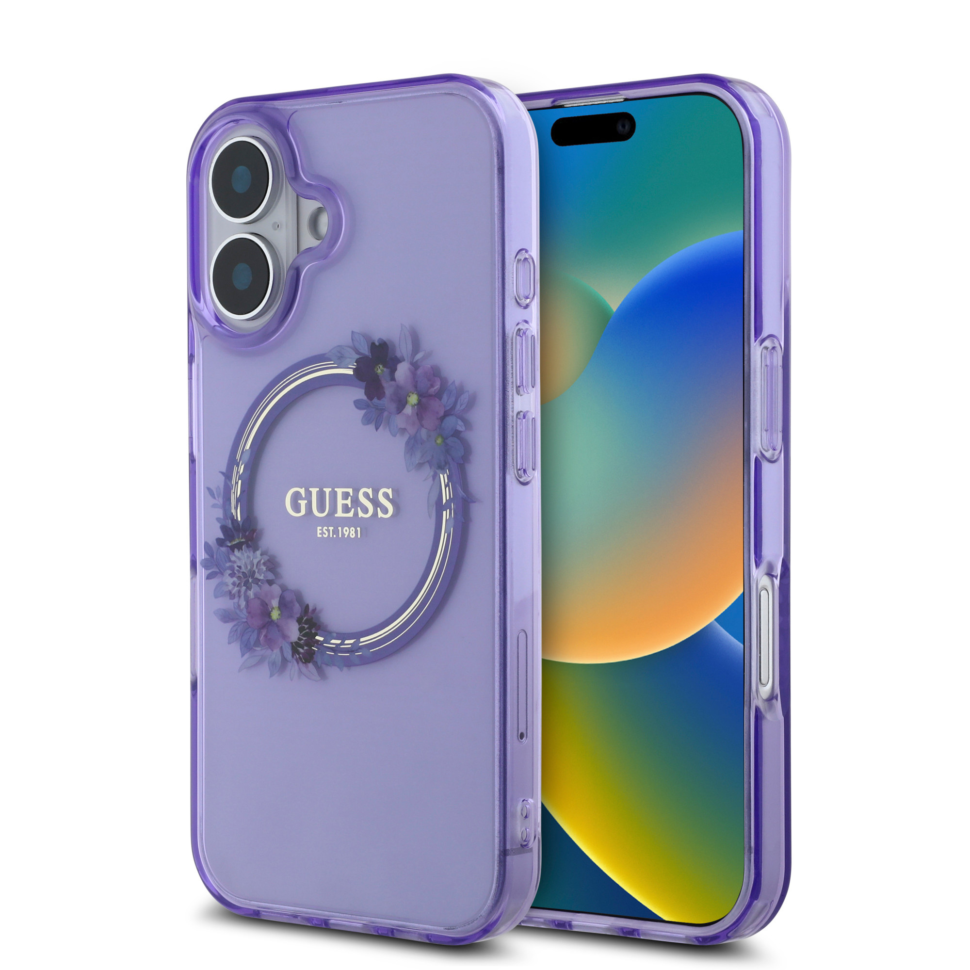 GUESS iPhone 16 hoesje Magsafe IML Flowers - Paars - productfoto