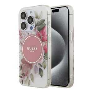 GUESS iPhone 15 Pro hoesje - HC O Magsafe IML Flower & Tonal Circle - Roze - productfoto