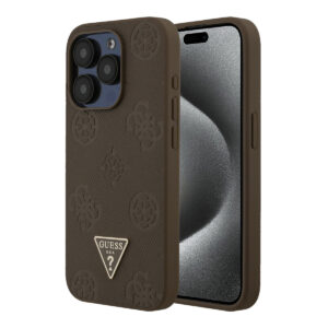 GUESS iPhone 15 Pro hoesje - HC O Grained PU HS Peony And Triangle Logo - Bruin - productfoto
