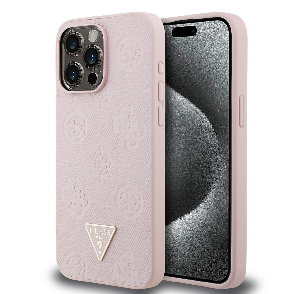 GUESS iPhone 15 Pro Max hoesje - HC O Grained PU HS Peony And Triangle Logo - Roze - productfoto