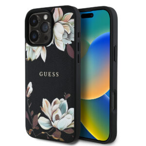 GUESS iPhone 16 Pro Max hoesje - HC O Grained PU Printed Flowers And Classic Logo - Zwart - productfoto