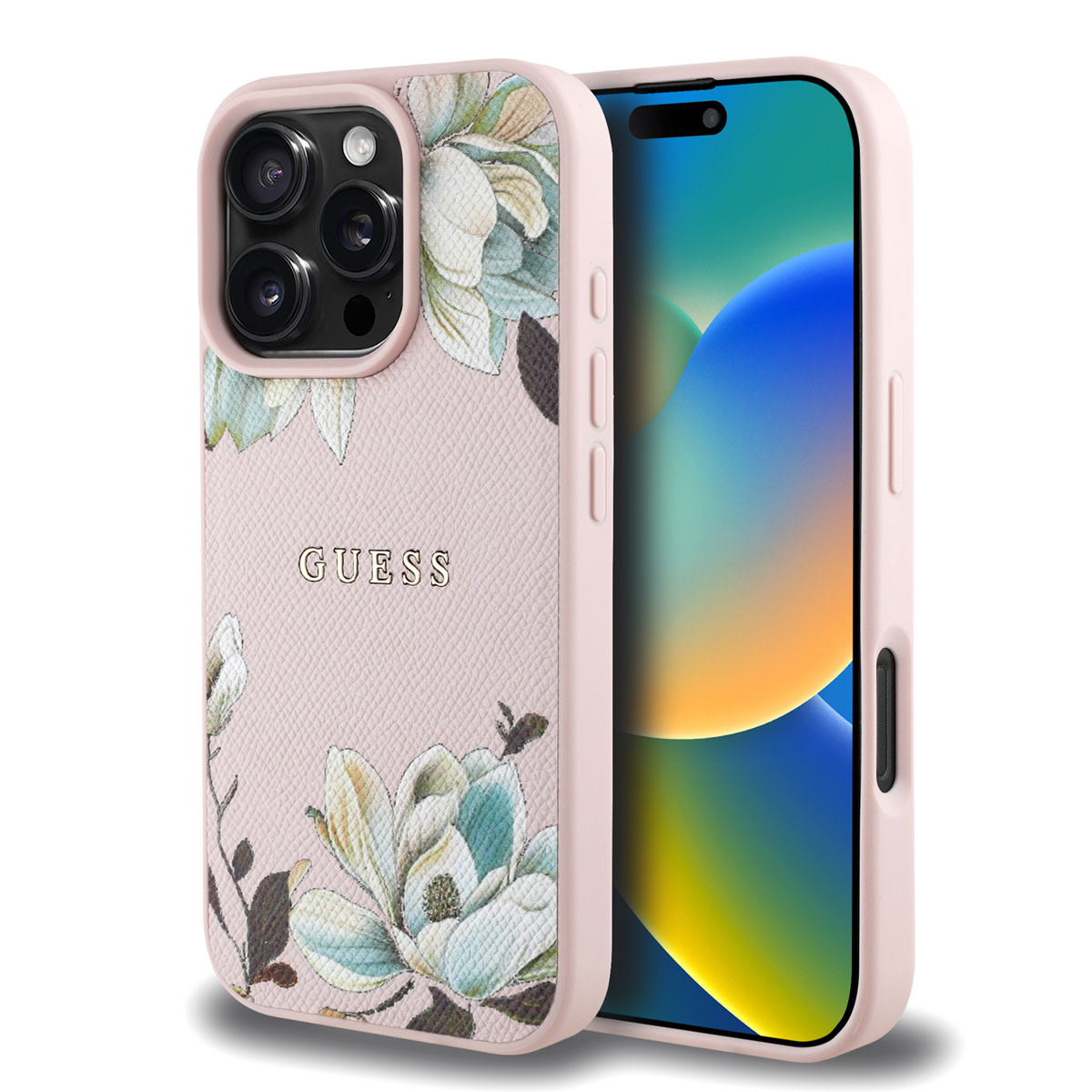 GUESS iPhone 16 Pro Max hoesje - HC O Grained PU Printed Flowers And Classic Logo - Roze - productfoto