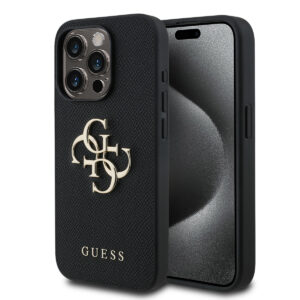 GUESS iPhone 15 Pro hoesje - HC O Grained PU Big 4G Logo - Zwart - productfoto