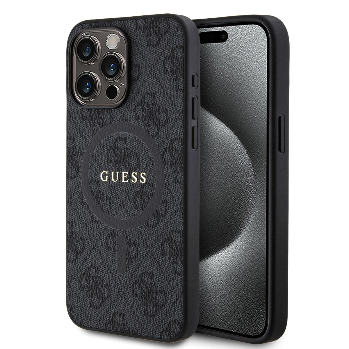 GUESS iPhone 15 Pro Max hoesje - HC O Magsafe PU 4G Ring Classic Logo - Zwart - productfoto