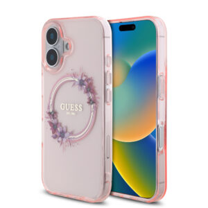 GUESS iPhone 16 hoesje Magsafe IML Flowers - Roze - productfoto
