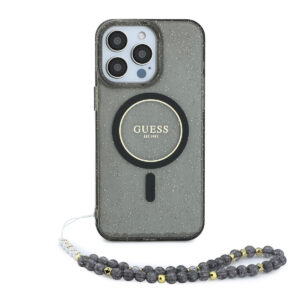 GUESS iPhone 15 Pro Max hoesje - HC O Magsafe IML Glitter W/ Pearl Strap - Zwart - productfoto