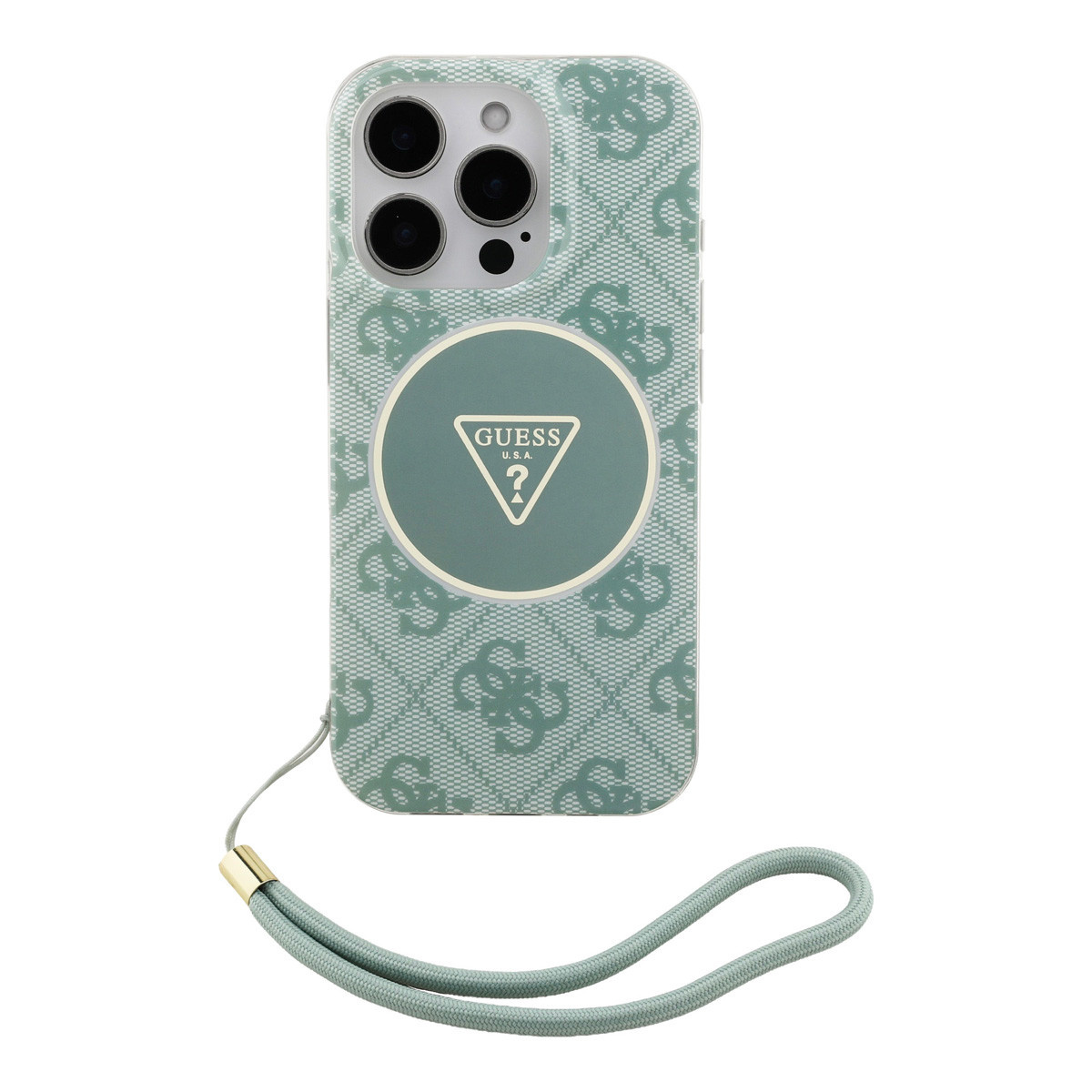 GUESS iPhone 16 Pro hoesje - HC O Magsafe IML 4G Triangle W/ Cord Strap - Groen - productfoto