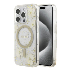 GUESS iPhone 15 Pro hoesje - O HC Magsafe Resin Flowers And Glitter - Beige - productfoto
