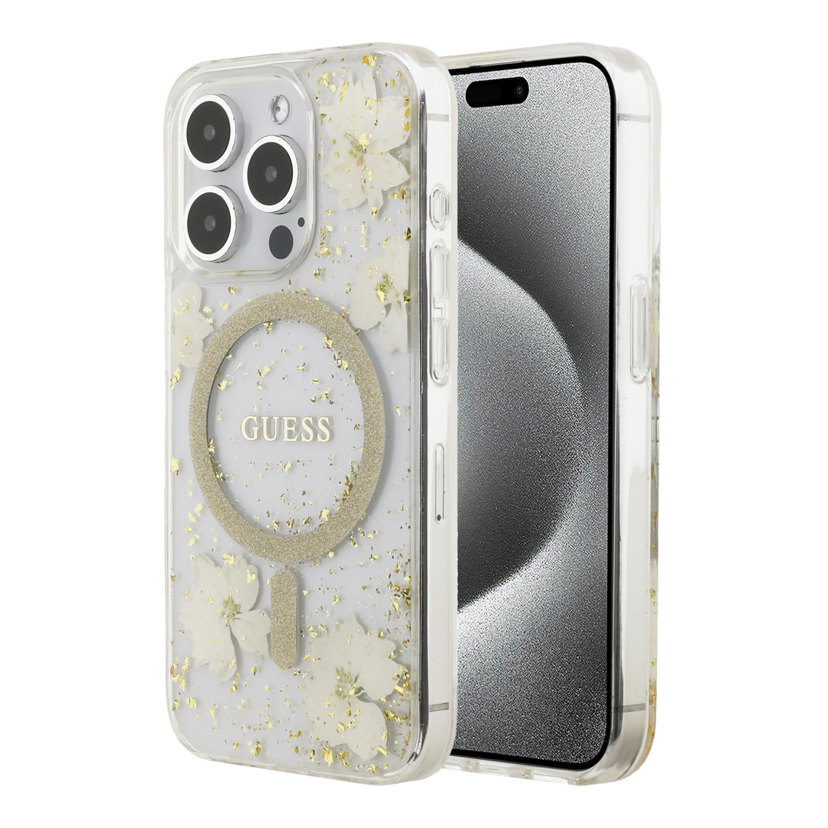GUESS iPhone 15 Pro hoesje - O HC Magsafe Resin Flowers And Glitter - Beige - productfoto