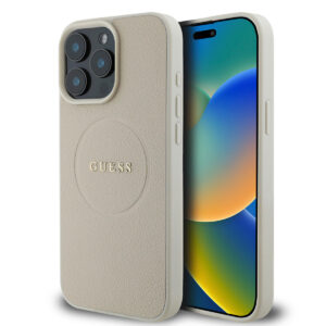 GUESS iPhone 15 Pro Max hoesje - HC Magsafe PU Grained Gold Ring - Beige - productfoto