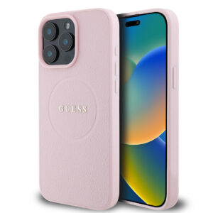 GUESS iPhone 15 Pro Max hoesje - HC Magsafe PU Grained Gold Ring - Roze - productfoto