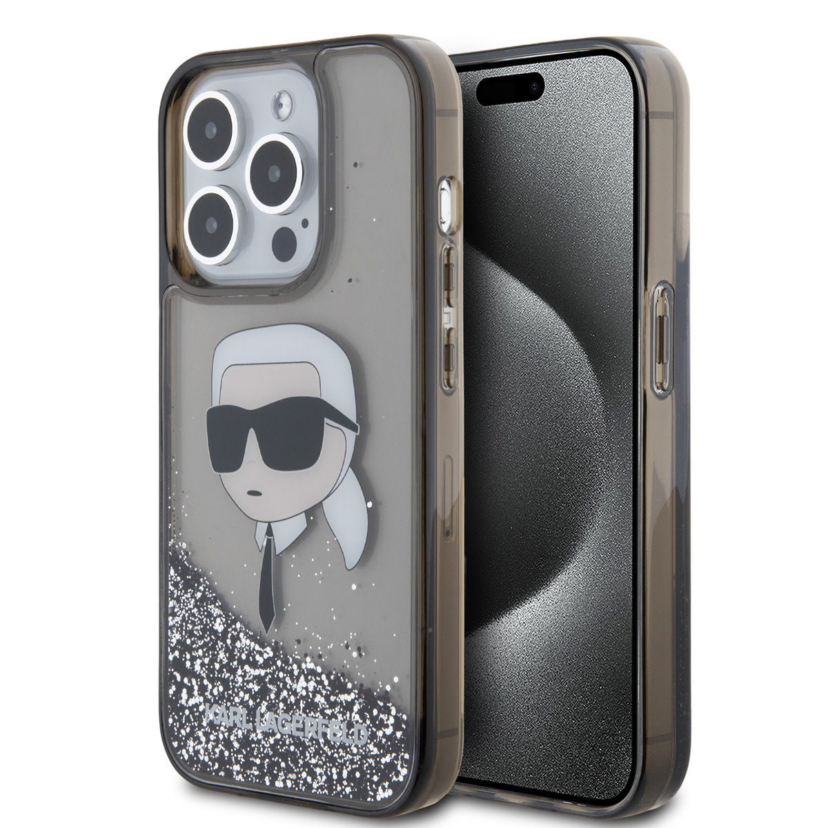 Karl Lagerfeld iPhone 15 Pro Cases hoesje - Liquid Glitter Case with NFT Karl Head - Zwart - productfoto