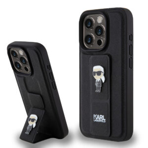 Karl Lagerfeld iPhone 15 Pro Cases hoesje - Saffiano Leather Grip Case with Karl Logo - Zwart - productfoto