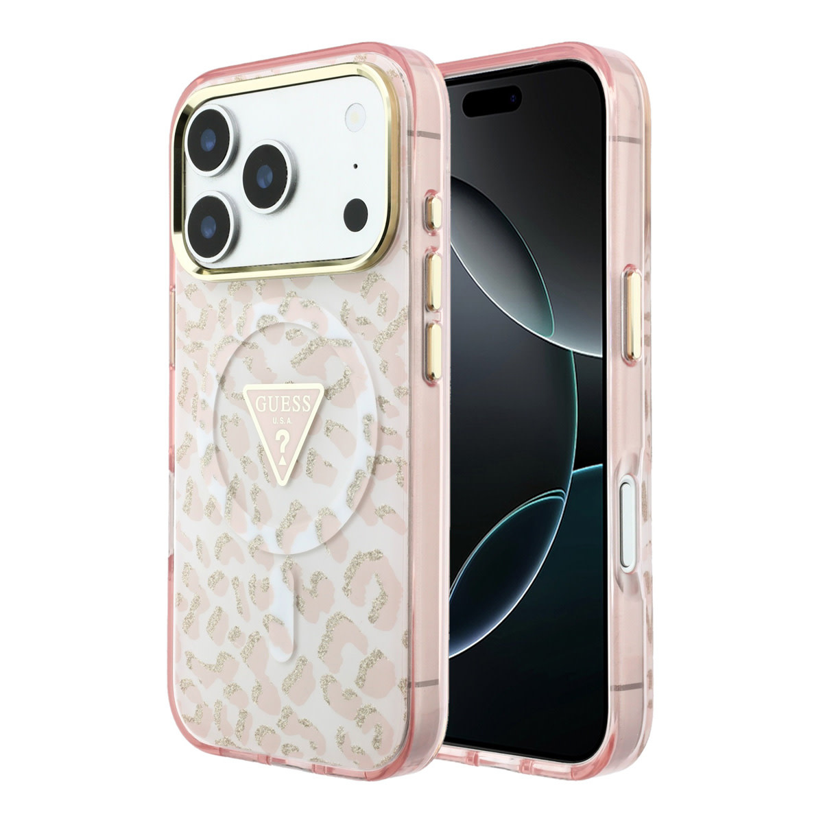 GUESS iPhone 18 Pro Max hoesje - HC Magsafe IML Leopard Glitter Triangle Logo - Roze - productfoto