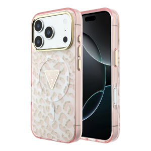 GUESS iPhone 18 Pro hoesje - HC Magsafe IML Leopard Glitter Triangle Logo - Roze - productfoto