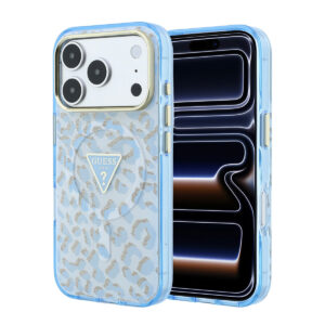 GUESS iPhone 18 Pro Max hoesje - HC Magsafe IML Leopard Glitter Triangle Logo - Lichtblauw - productfoto