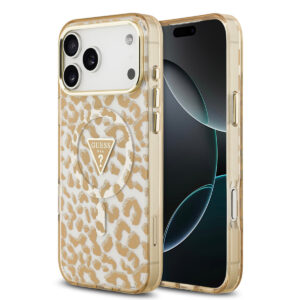 GUESS iPhone 18 Pro hoesje - HC Magsafe IML Leopard Glitter Triangle - Bruin - productfoto