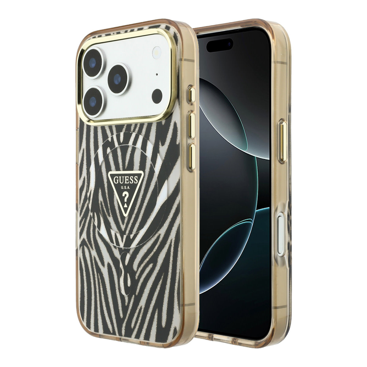 GUESS iPhone 18 Pro Max hoesje - HC Magsafe IML Zebra Glitter Triangle Logo - Goud - productfoto