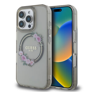 GUESS iPhone 16 Pro hoesje Magsafe IML flowers wreath - Zwart - productfoto