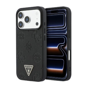 GUESS iPhone 17 Pro hoesje - HC Magsafe Grained PU Hot Stamp Peony Triangle Logo - Zwart - productfoto