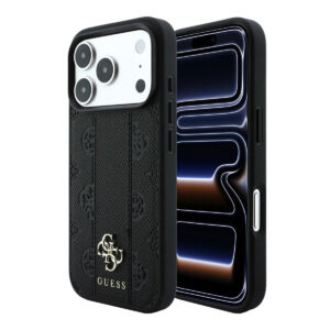 GUESS iPhone 18 Pro Max Case - MagSafe - PU - stripe pattern - hard shell - Peony 4G logo - Zwart - productfoto