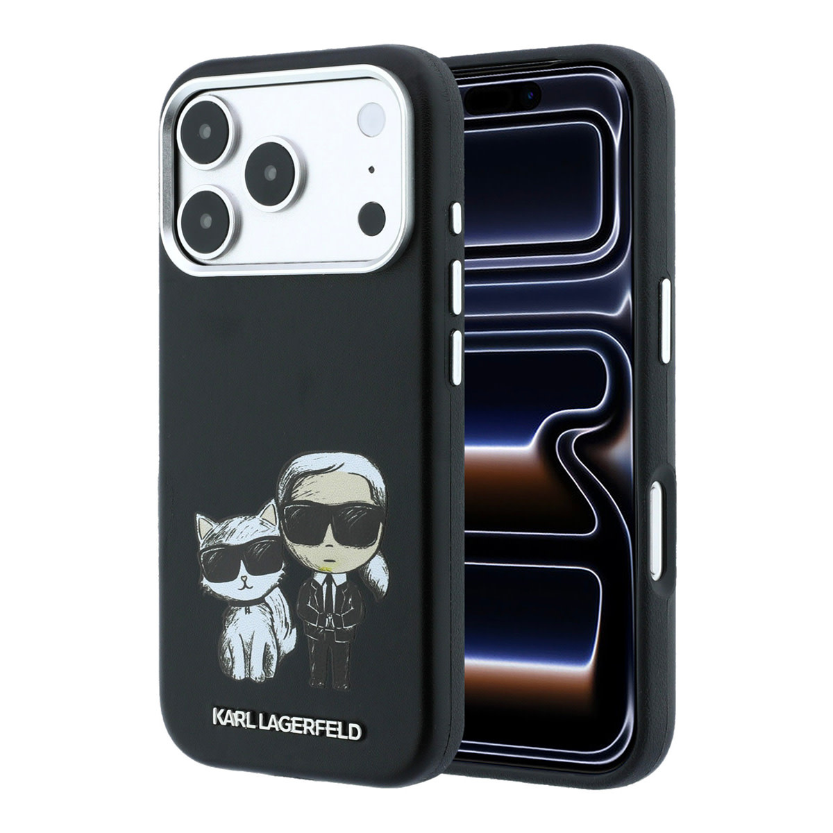 Karl iPhone 18 Pro Max Case hard shell - MagSafe - SW - smooth PU - Ikonik Sketch Zwart - productfoto