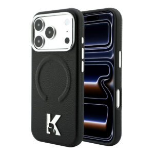 Karl iPhone 18 Pro Max Case hard shell - MagSafe - SW - grained PU - embossed ring - Kameo logo Zwart - productfoto