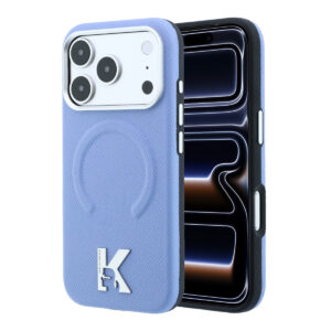 Karl iPhone 18 Pro Max Case hard shell - MagSafe - SW - grained PU - embossed ring - Kameo logo Lichtblauw - productfoto