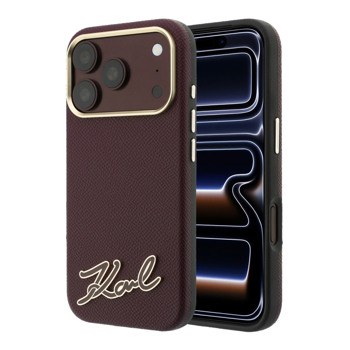 Karl iPhone 18 Pro Max Case hard shell - MagSafe - SW - grained PU - resin signature logo Bordeauxrood - productfoto