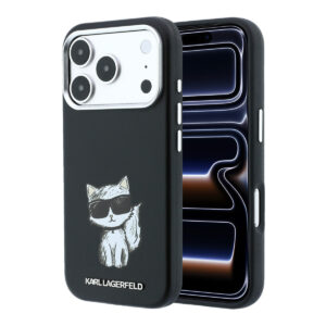 Karl iPhone 18 Pro Case hard shell - MagSafe - SW - smooth PU - Choupette Sketch Zwart - productfoto