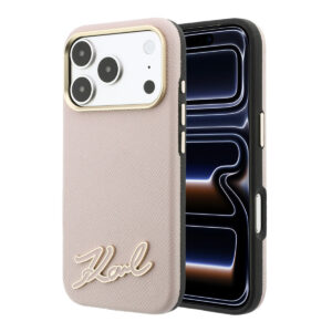 Karl iPhone 18 Pro Case hard shell - MagSafe - SW - grained PU - resin signature logo Roze - productfoto