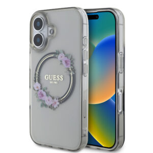 GUESS iPhone 16 hoesje Magsafe IML flowers wreath - Zwart - productfoto