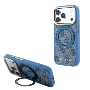 GUESS iPhone 18 Pro Max Case hard shell - MagSafe - 360-degree ring stand - 4G - PU - classic logo Blauw - productfoto