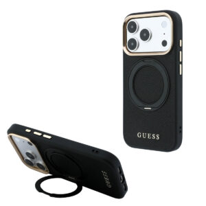 GUESS iPhone 18 Pro Case hard shell - MagSafe - 360-degree ring stand - grained PU - classic logo Zwart - productfoto
