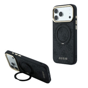GUESS iPhone 18 Pro Case hard shell - MagSafe - 360-degree ring stand - 4G - PU - classic logo Zwart - productfoto