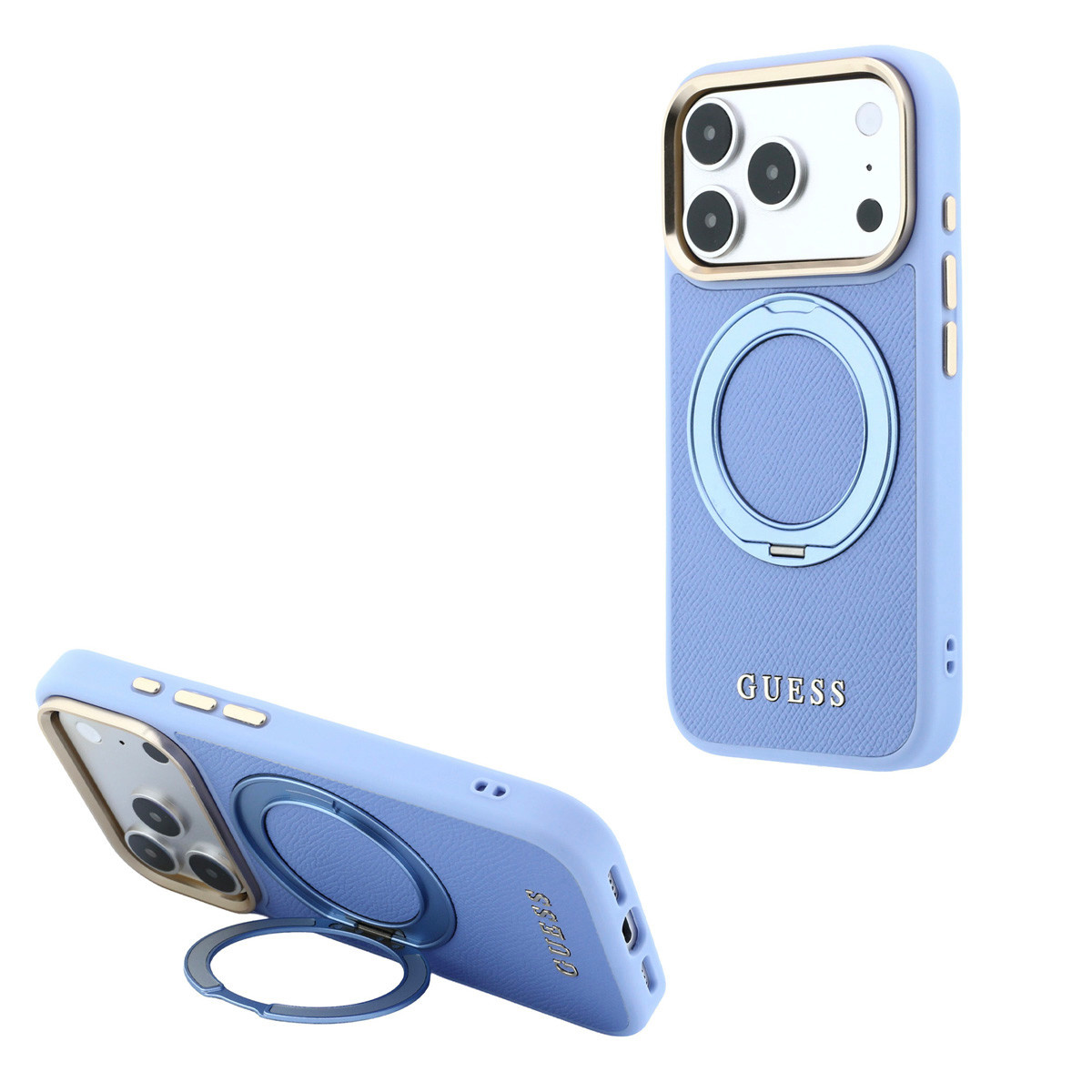 GUESS iPhone 18 Pro Case hard shell - MagSafe - 360-degree ring stand - grained PU - classic logo Lichtblauw - productfoto