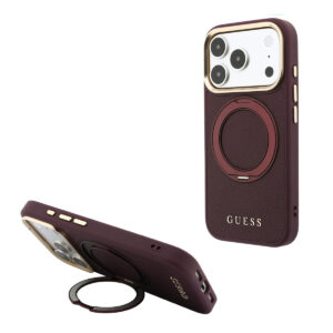 GUESS iPhone 18 Pro Case hard shell - MagSafe - 360-degree ring stand - grained PU - classic logo Bordeauxrood - productfoto