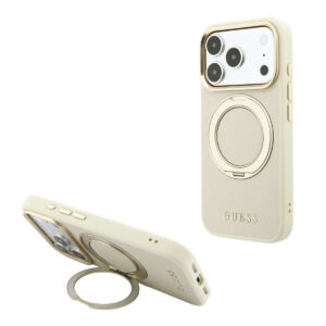 GUESS iPhone 18 Pro Case hard shell - MagSafe - 360-degree ring stand - grained PU - classic logo Beige - productfoto