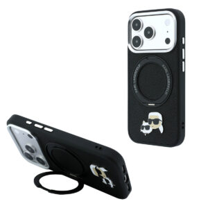 Karl iPhone 18 Pro Case hard shell - MagSafe - PU - 360-degree ring stand - KC Heads pin Zwart - productfoto