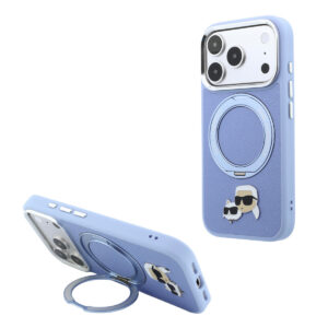 Karl iPhone 18 Pro Case hard shell - MagSafe - PU - 360-degree ring stand - KC Heads pin Lichtblauw - productfoto