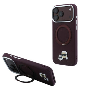 Karl iPhone 18 Pro Case hard shell - MagSafe - PU - 360-degree ring stand - KC Heads pin Bordeauxrood - productfoto