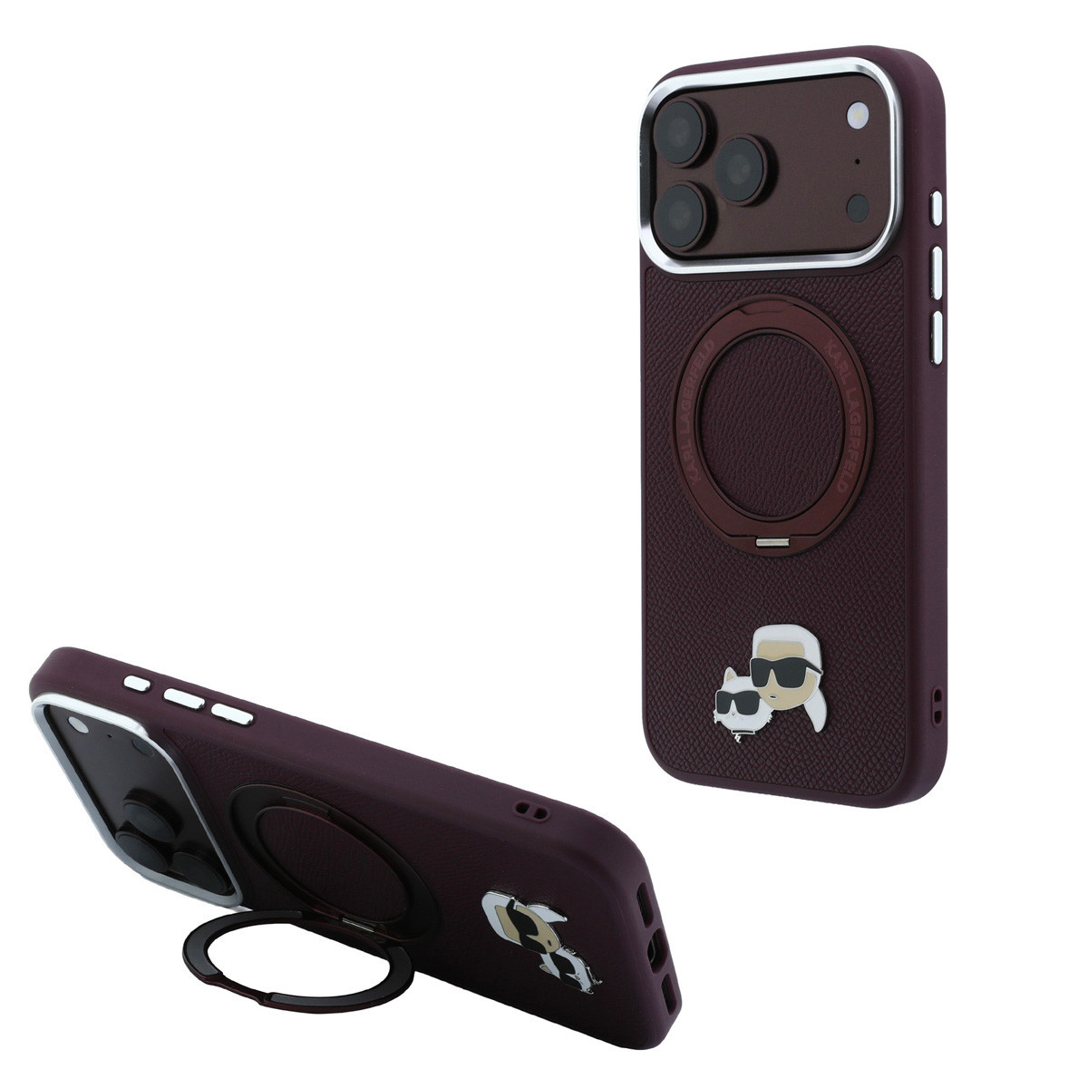 Karl iPhone 18 Pro Case hard shell - MagSafe - PU - 360-degree ring stand - KC Heads pin Bordeauxrood - productfoto